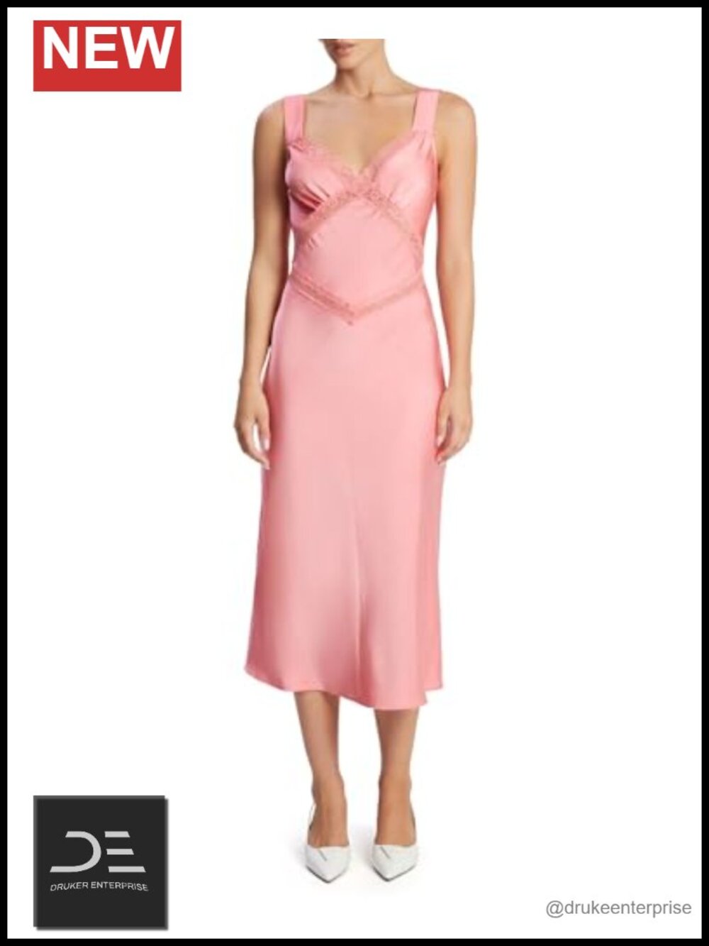 Satin Midi Slip Dress V-Neck Lace Trim Back Cutout Party Cocktail